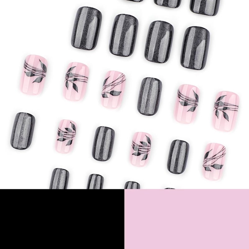 CTTHNBD Medium Press on Nails Square - Black Fake Nails with Leaf Design - Glitter Glossy Full Cover Stick on False Nails - for Women Fall Manicure 24 Pcs - Image 4